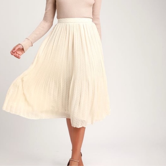 Lulus Ivory Pleated Swiss Dot Midi Skirt - Picture 1 of 8